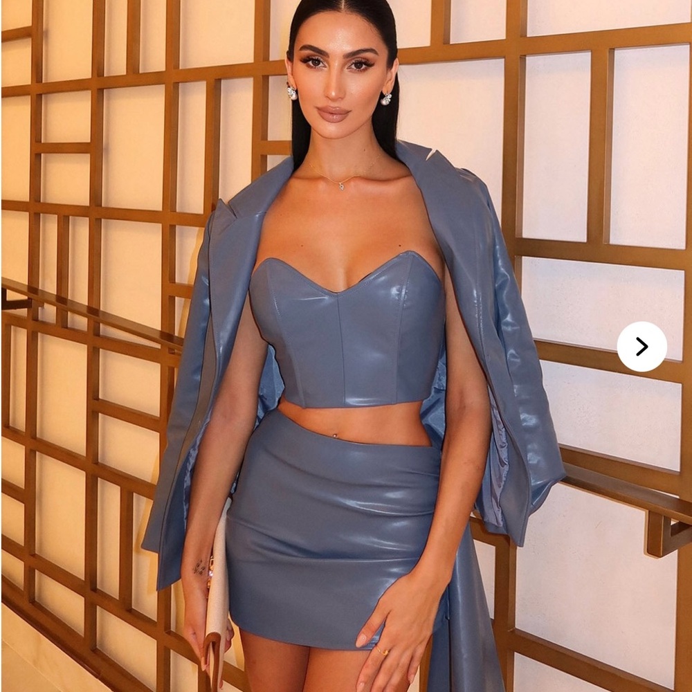 Fashion Nova - Paris 3 Piece Faux Leather Skirt Set - Slate Blue.